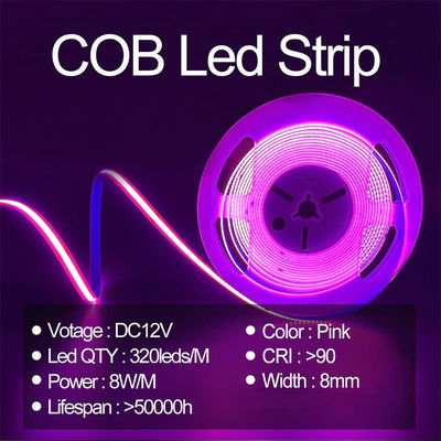 Hoge helderheid COB Led Strip Light CE RoHs IP20 Ra90 8mm Breedte 12V 24V 320Leds Roze
