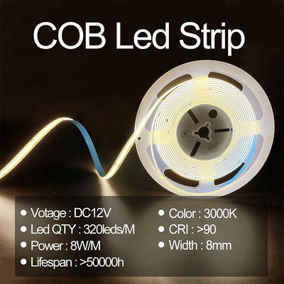 8mm Breedte 12V 24V 3000K Warm COB Led Strip Light CE RoHs IP20 met 50000 uur levensduur