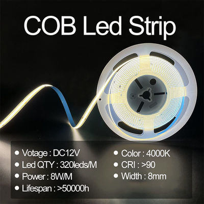 High Lumen COB LED Strip Light CE RoHs IP20 8mm Breedte 12V 24V 4000K Natuurverlichtingsstrook