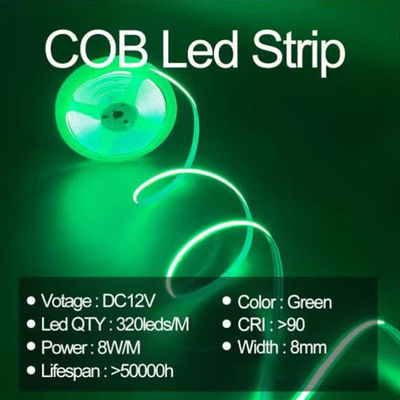 Waterdicht groen flexibel strooklicht COB LED CE RoHs IP20 Ra90 8 mm Breedte 12V24V 320Leds