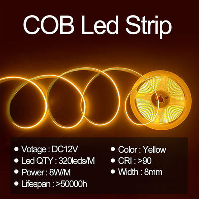 Hotel House COB LED Strip Light CE RoHs IP20 Ra90 8mm Breedte 12V 24V Gouden Geel