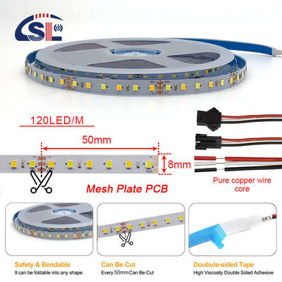 Hoge helderheid 12V 8mm 120leds SMD2835 Led Strip Light met dubbelzijdig CCT-bord