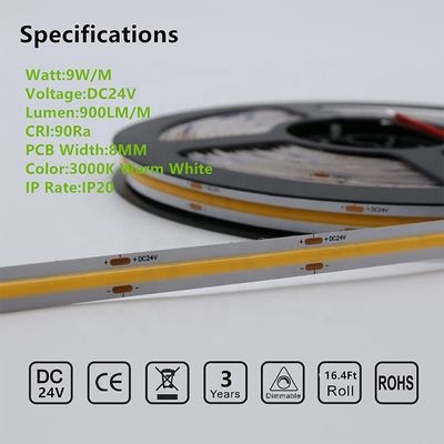 Ondersteuning Dimmer Hoge helderheid 8mm10mm 320leds 3000k-6500k COB Led Strip Light met 3-