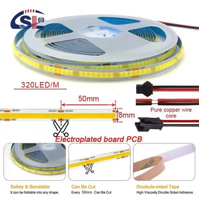 Niet-waterdicht 24v COB 320Ds 8mm Ra 80 CCT Drie-kleurige Cob LED lichtstrook
