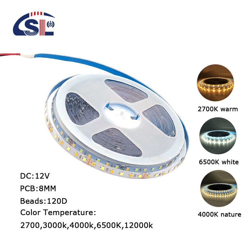 Hoge helderheid 12V 8mm 120leds SMD2835 Led Strip Light met dubbelzijdig CCT-bord